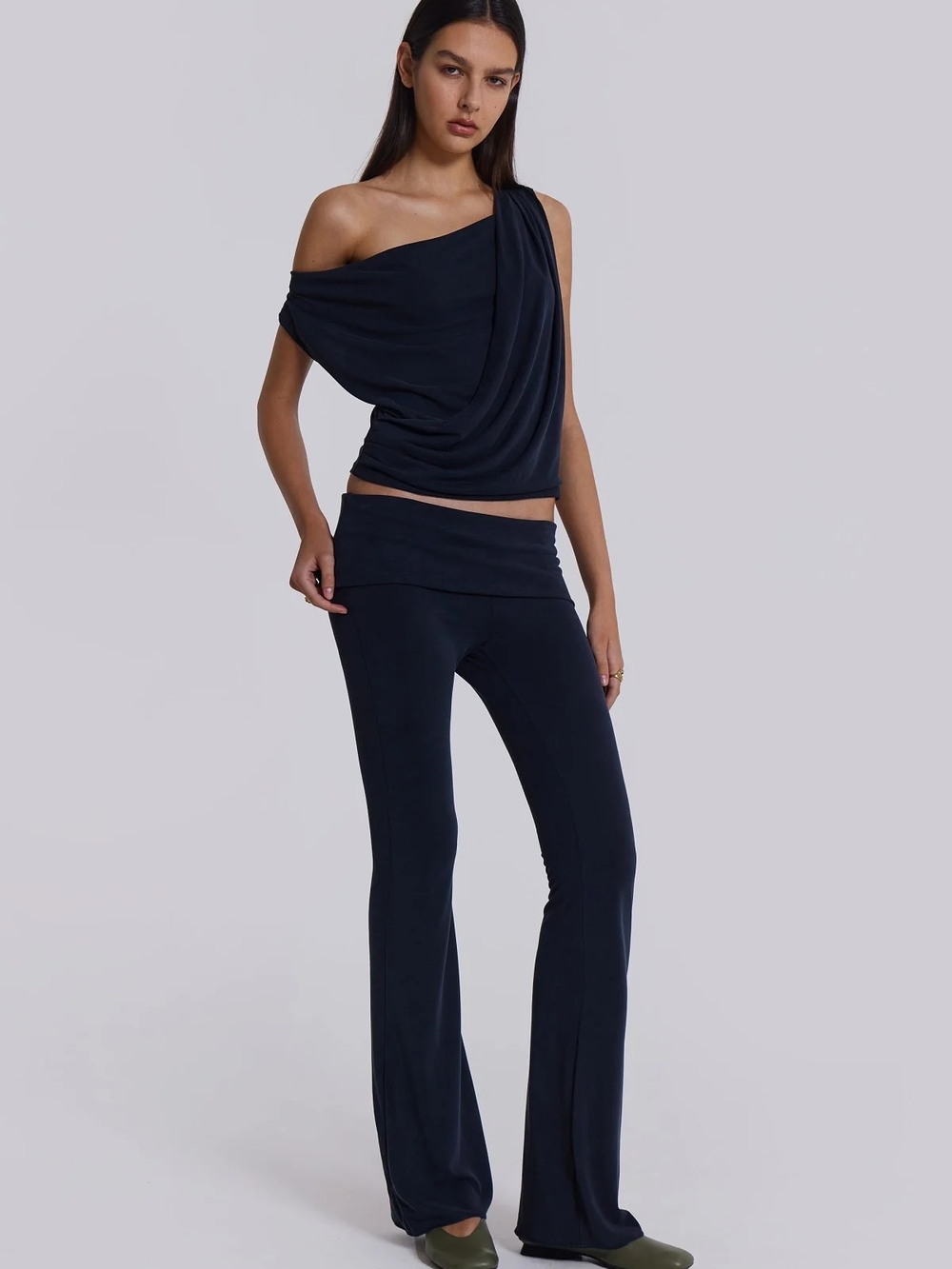 Jaded London Black Mira Soft Touch Foldover Waistband Flare Leg Trousers NWT